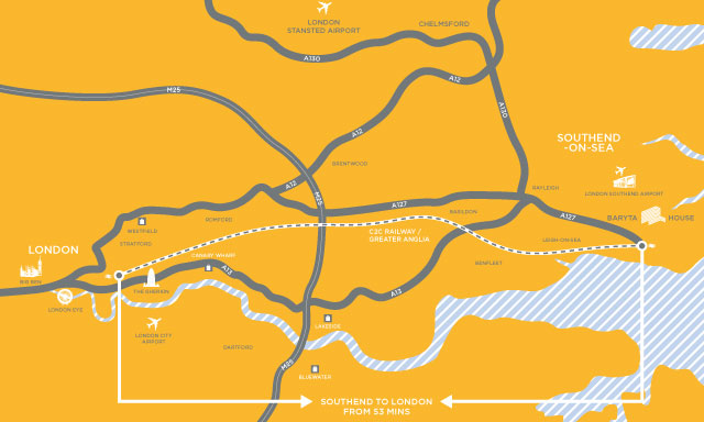 Map of Southend with train time to London